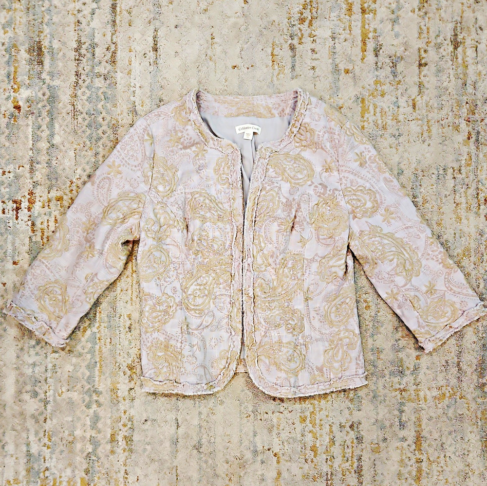 Coldwater Creek Women's Beige Paisley Embroidered Open Front Lined Jacket 12